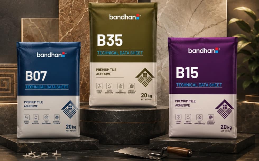 Adhesives — Bandhan Ceramic Bandhan B07, B35 and B15 premium tile adhesive bags displayed on stone plinths
