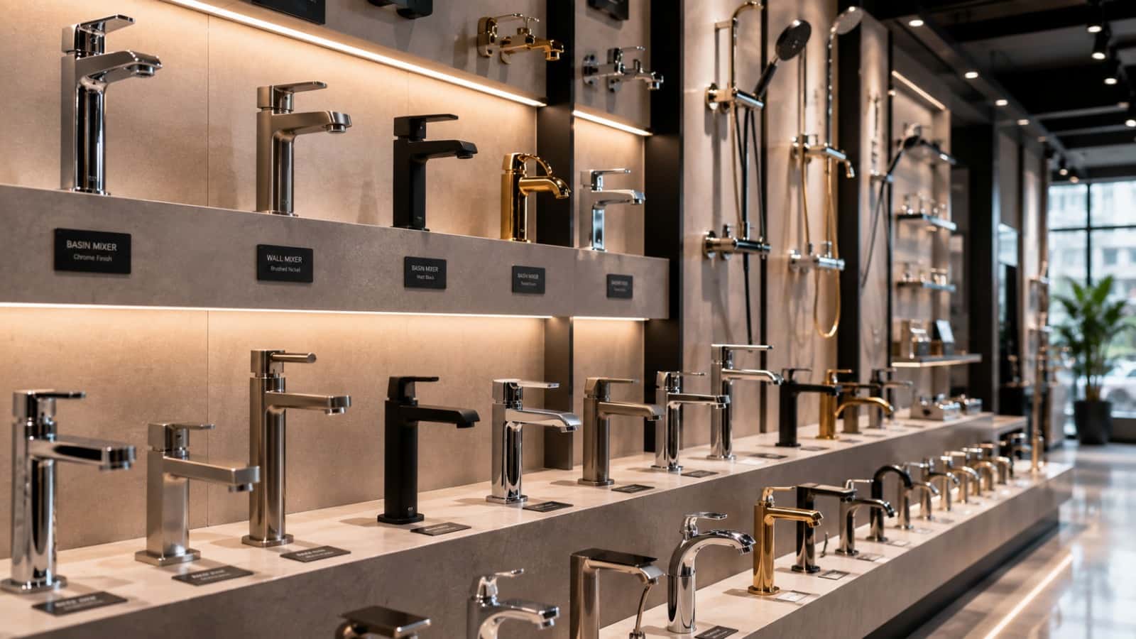 Showroom display of basin mixers, wall mixers and shower sets in chrome, matt black and gold finishes