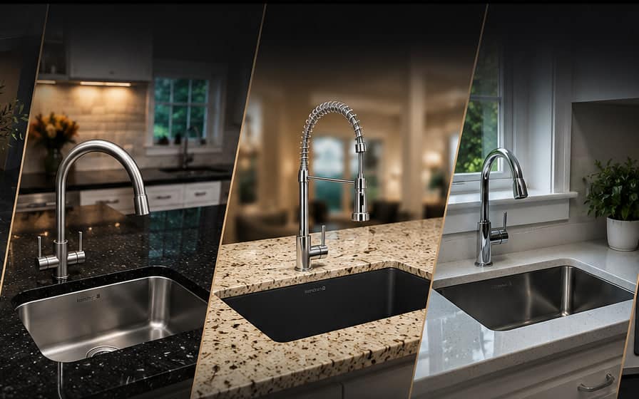 Kitchen Sinks — Bandhan Ceramic Stainless steel and quartz undermount kitchen sinks set into granite and quartz countertops