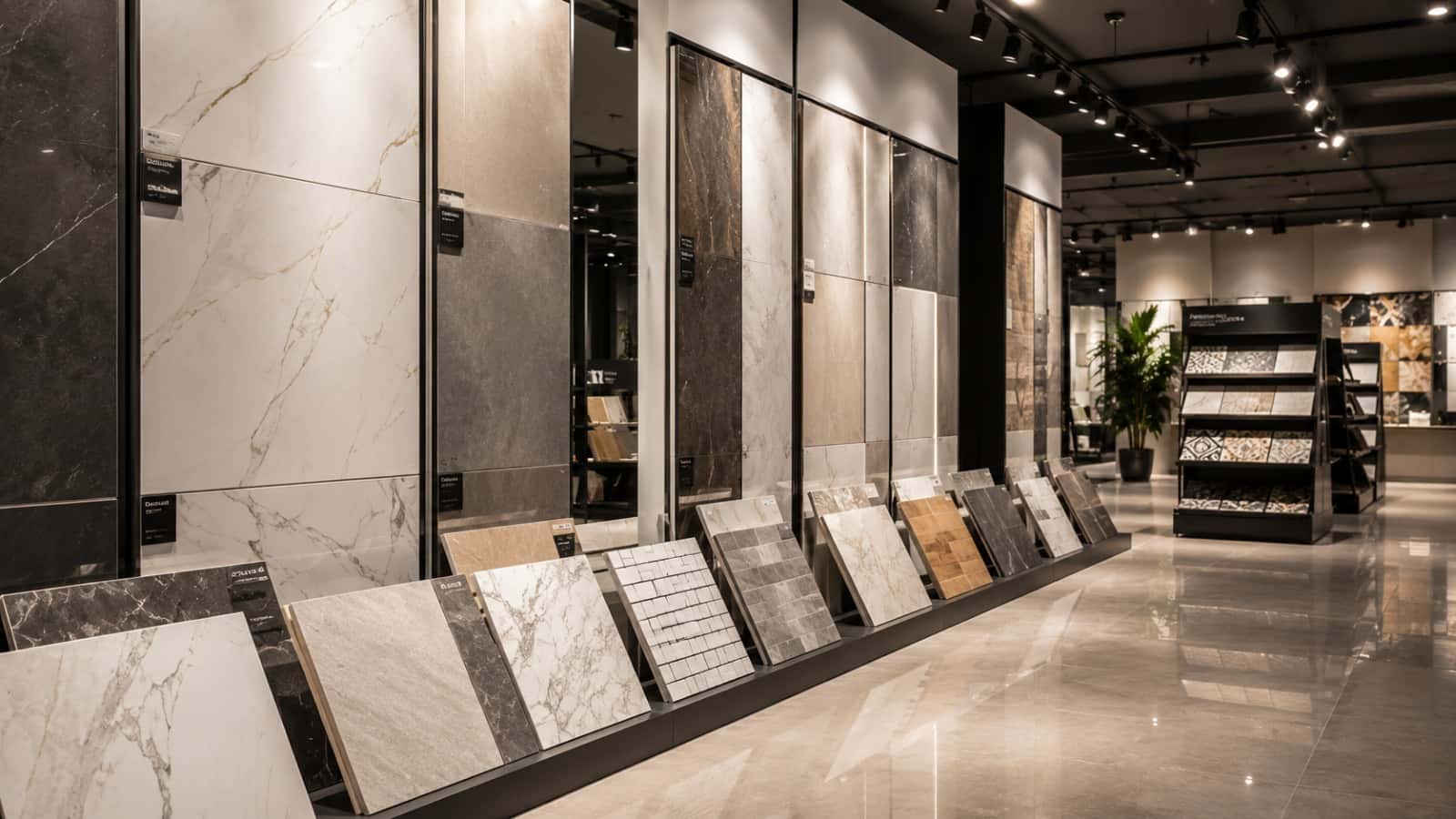 Showroom display wall of marble-effect and stone-effect tile slabs with sample boards