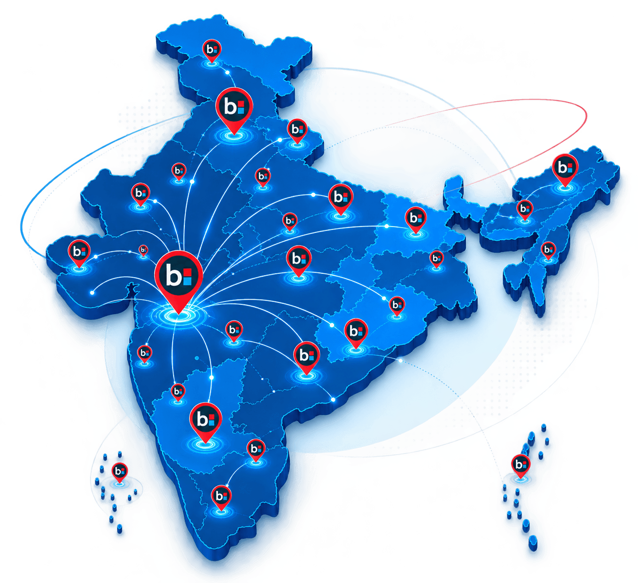 Illustrated map of India in Bandhan blue, marked with Bandhan pins and routes radiating from a central hub