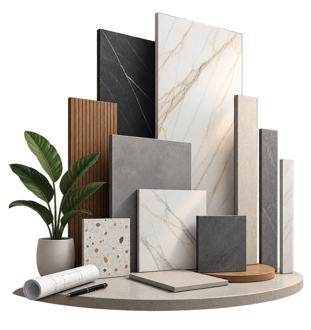 Composition of tile and slab samples in ten formats — book-matched marble, dark stone, terrazzo, fluted wood and fine concrete finishes — standing on a stone plinth beside a rolled drawing
