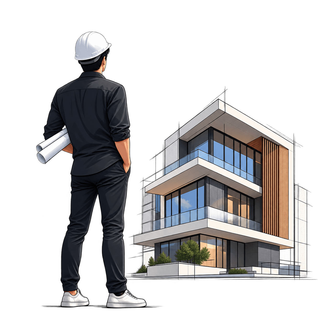 Architect in a hard hat, rolled drawings under one arm, looking up at a modern three-storey building