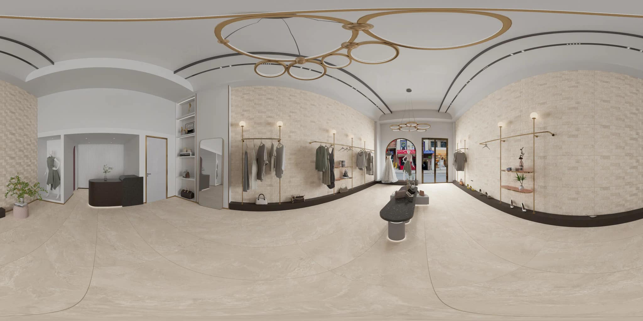 360° room render with Thassos Sand Decore on the feature wall 360° room render with Thassos Sand Decore on the feature wall