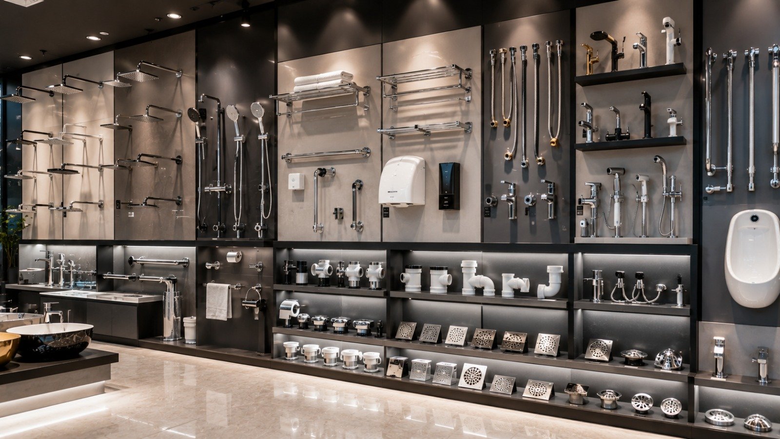 Tile adhesives, grouts and trims at Bandhan Ceramic Tile adhesive, grout, spacers and aluminium finishing trims arranged on a workbench